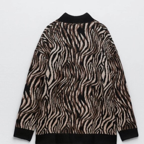 ZARA Safari Stripe Zebra Inspired Black Brown Tan Thick Cardigan (Size S) - Picture 2 of 15